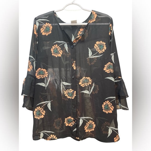 Cabi Tops - Cabi Black, Green & Peach Blouse with Notched Collar and 3/4 Sleeve NWOT
